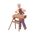 Smiling Man Builder Character with Drill and Wood Material Building House Vector Illustration