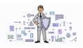 Smiling man in business suit with a shield among digital and internet security symbols. Personal data protection. GDPR