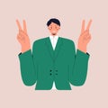 A smiling man in a business suit shows the peace sign. The victory gesture. V sign. Colorful flat vector illustration on Royalty Free Stock Photo