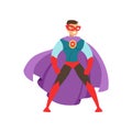 Smiling man character dressed as a super hero standing in the traditional heroic pose cartoon vector Illustration Royalty Free Stock Photo
