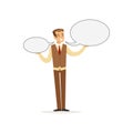 Smiling man character with empty oval shaped message boards, speech bubbles vector Illustration Royalty Free Stock Photo
