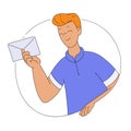 Smiling Man Character with Envelope Looking Out of Shape Vector Illustration