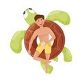 Smiling Man Character Floating on Rubber Turtle Shaped Swim Tube in Swimming Pool Vector Illustration