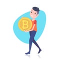 Smiling man character holding bitcoin mining crypto currency template for design work or animation over white background