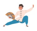 Smiling Man Character Practicing Tai Chi and Qigong Exercise in Kimono with Fan Vector Illustration