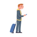 Smiling Man Character Standing with Suitcase and Ticket at the Airport Boarding Plane Vector Illustration Royalty Free Stock Photo