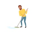 Smiling man cleaning floor with mop. Cartoon character of house husband. Young bearded guy doing housework. Male in