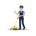 Smiling man cleaning floor with scrubber machine and showing thumb up. Young guy in working uniform. Flat vector design Royalty Free Stock Photo