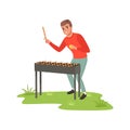 Smiling man cooking barbecue outdoor vector Illustration on a white background