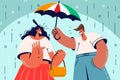 Smiling man cover woman with umbrella