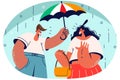 Smiling man cover woman with umbrella