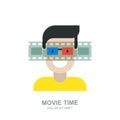 Smiling man in 3d cinema glasses. Vector logo icon design. Concept for home movie time, media and watching video tv.