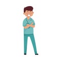 Smiling Man Doctor with Stethoscope and in Medical Uniform Folding His Arms on the Chest Vector Illustration