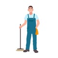 Smiling man dressed in dungarees holding scrubber isolated on white background. Male cleaning service worker with floor