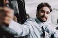 Smiling Man Driving Tour Bus. Professional Driver Royalty Free Stock Photo