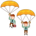 Smiling man fall on a golden parachute with briefcase Royalty Free Stock Photo