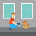 Smiling Man Feeding Homeless Dog on the Street Flat Vector Illustration
