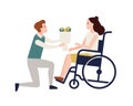 Smiling man giving bouquet of flowers to disabled woman sitting in wheelchair. Girl with physical disorder or impairment