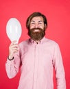 smiling man hold big lamp. got new idea. concept of creativity. man just inspired. economy of electricity. bright minded Royalty Free Stock Photo