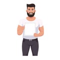 Smiling man holding blank sign ready customization. Casual dressed male presenter showcasing empty
