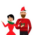 Smiling man holding Christmas gift in hand and near standing surprised woman. Christmas concept. Royalty Free Stock Photo