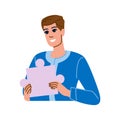 Smiling man holding jigsaw puzzle piece, finding solution, completing task Royalty Free Stock Photo