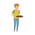 Smiling Man Holding Plate with Meat Products Vector Illustration