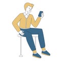 Smiling man holding smartphone flat illustration. Casual guy sitting with mobile phone chatting, looking on screen Royalty Free Stock Photo