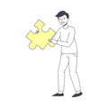 Smiling Man Holding Yellow Jigsaw Puzzle as Mosaiced Piece for Logical Game Vector Illustration Royalty Free Stock Photo