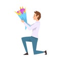 Smiling Man Kneeling Down with Bouquet of Flowers, Guy Making Marriage Proposal Vector Illustration