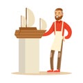 Smiling man making model of a sail boat. Hobby or profession olorful character vector Illustration Royalty Free Stock Photo