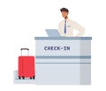 Smiling Man Officer at Check-in Counter Desk with Laptop and Luggage. Airport Staff Male Character Boarding Pass