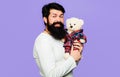 Smiling Man With Plush Toy. Present For Birthday. Bearded Guy With Teddy Bear. Anniversary, Holiday.