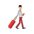 Smiling man tourist character pulling travel luggage, holding passport and ticket in hands. Traveling, summer vacation