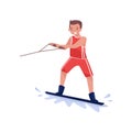 Smiling man riding water board, wakeboarding extreme water sport cartoon vector Illustration on a white background Royalty Free Stock Photo