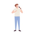 Smiling man singer, rock or pop vocalist wearing jeans and t-shirt and singing in microphone. Cute funny male cartoon