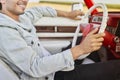 Happy man sitting in red vintage car Royalty Free Stock Photo