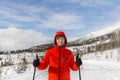 smiling man with ski sticks in winter mountains Royalty Free Stock Photo