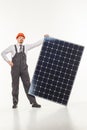 Smiling man solar panel isolated white background Royalty Free Stock Photo