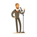 Smiling man speaking into the microphone, public speaker character vector Illustration
