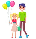 Smiling man stands near girl who holds multi-colored balloons and gift bag. Happy fathers day Royalty Free Stock Photo