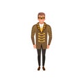 Smiling man in steampunk costume. Guy in jacket with golden chains and gears, shirt, pants and vintage goggles. Flat