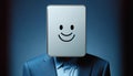 Smiling Man in Suit with a box over his head.