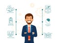 Smiling Man in Suit. Infographic Working Functions