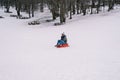 Smiling man in sunglasses going down hill on sled Royalty Free Stock Photo