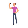 Smiling Man Taking Selfie Photo, Male Character Photographing Himself with Smartphone Cartoon Vector Illustration