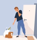 Smiling man talk smartphone receive order at porch vector flat illustration. Male taking packages use contactless