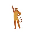 Smiling man in tiger costume posing with hand up. Outfit for Halloween party. Cartoon character. Flat vector Royalty Free Stock Photo