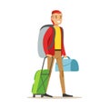 Smiling man traveler standing with backpack and suitcases. Colorful cartoon character vector Illustration Royalty Free Stock Photo