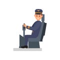 Smiling man sitting on captain s chair. Professional pilot of passenger plane. Isolated flat vector illustration